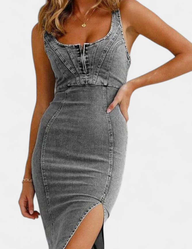 Janessa Vestido Denim con Tirantes Ajustables y Abertura Frontal