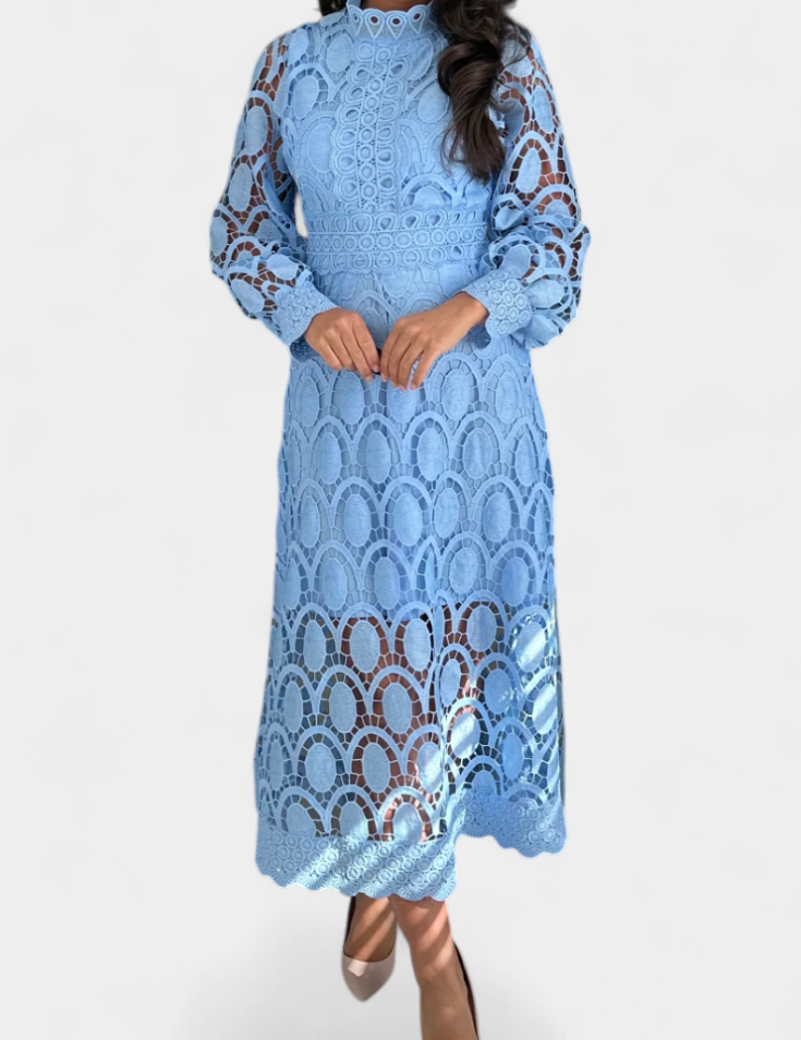 Jovie Vestido Midi de Encaje Bordado con Cuello Alto