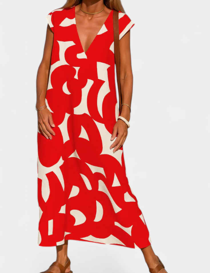 Asela Vestido Casual con Escote en V y Estampado Mixi