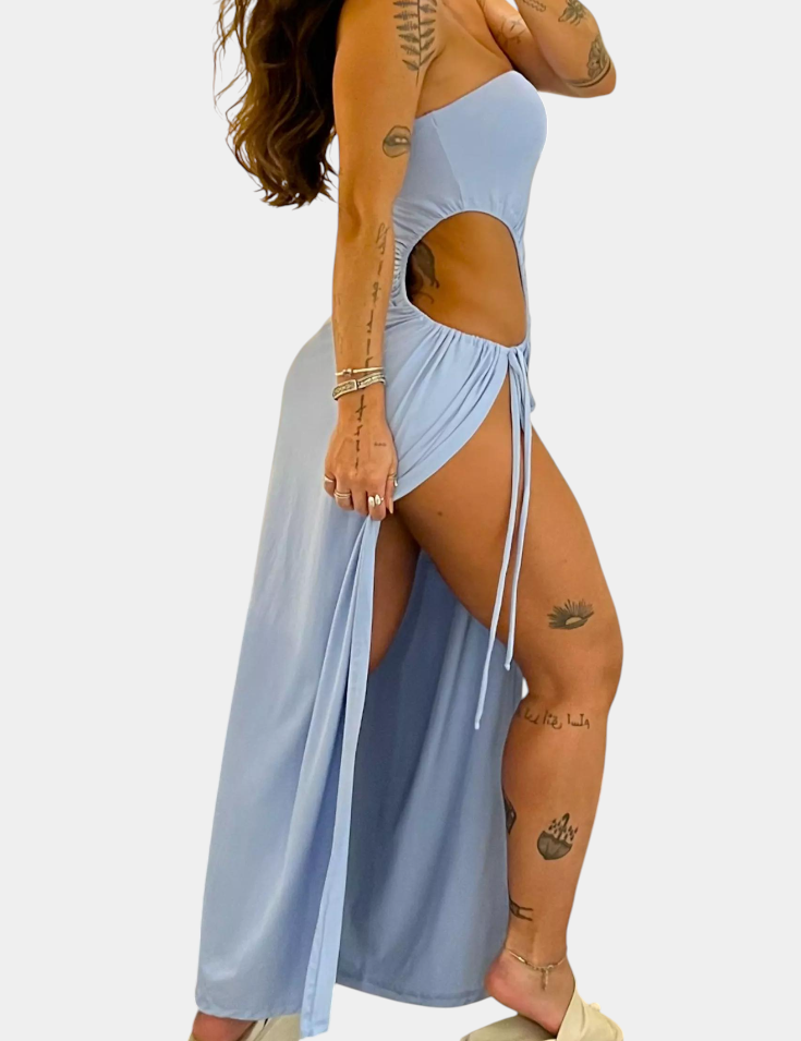 Teuta Vestido Sin Tirantes con Lazo Lateral y Abertura Alta