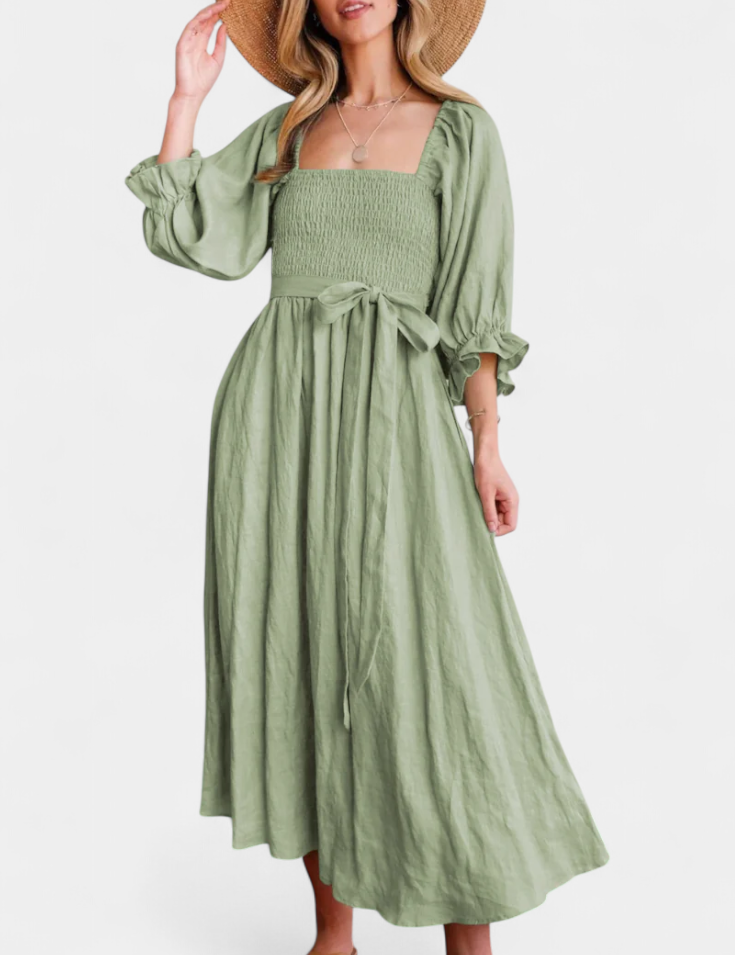 Petra Vestido de Dos Niveles con Cuerpo Fruncido y Mangas Abullonadas