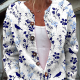 Birgit | Chaqueta de punto blanca y azul con flores y pájaros