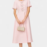 Linda Vestido Midi Acampanado con Lazo de Cristal