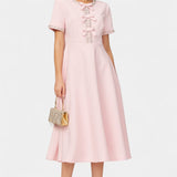 Linda Vestido Midi Acampanado con Lazo de Cristal