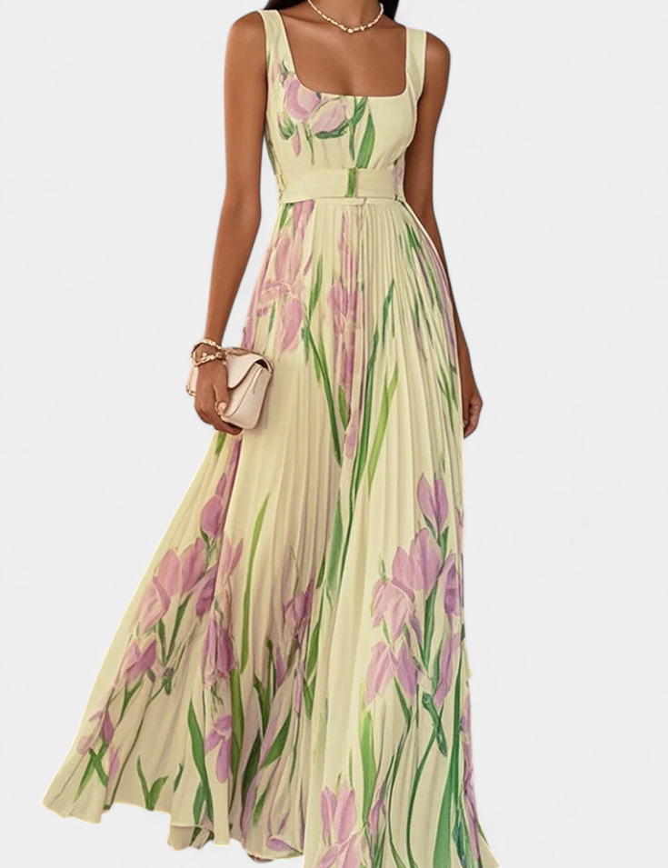 Calanthe Vestido Largo Floral Plisado con Escote Cuadrado