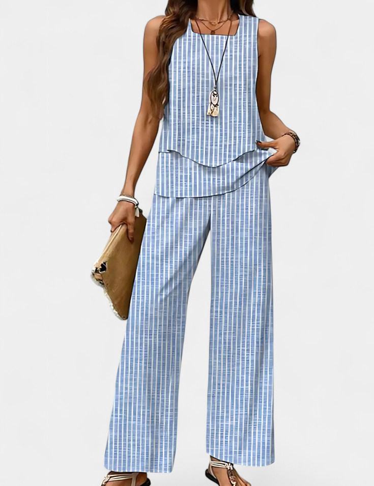 Martina Conjunto Boho Elegante Sin Mangas con Pantalón Recto Estampado