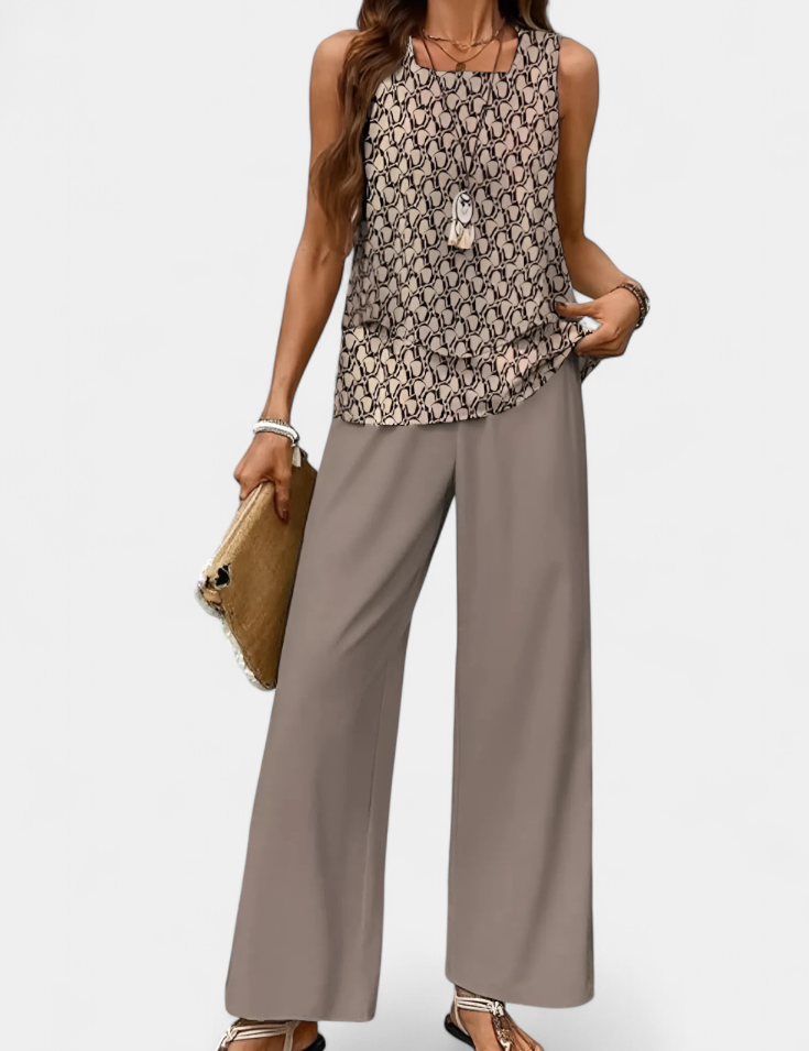 Martina Conjunto Boho Elegante Sin Mangas con Pantalón Recto Estampado