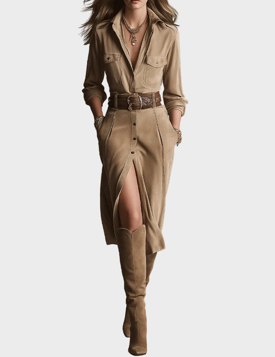 Vestido midi de ante marrón Eloísa, vista posterior