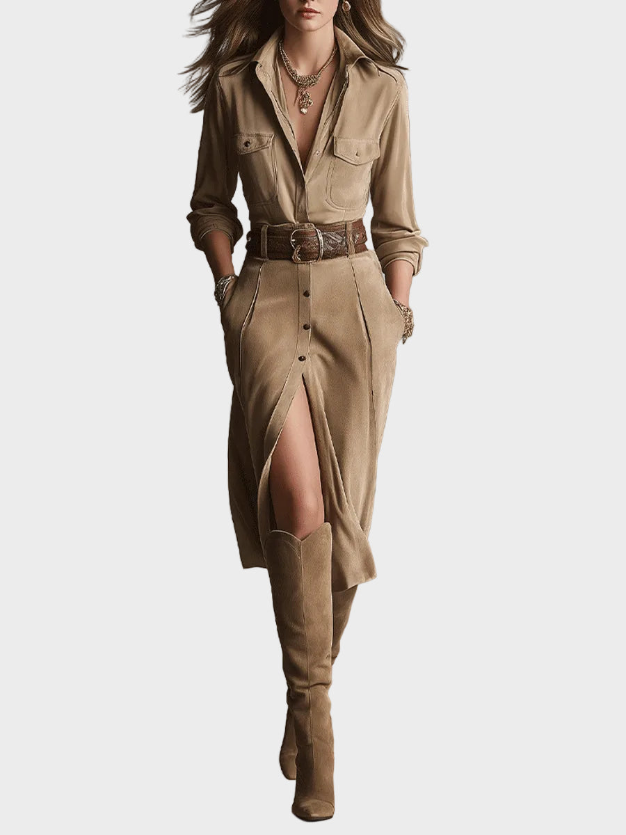 Vestido midi de ante marrón Eloísa, vista posterior