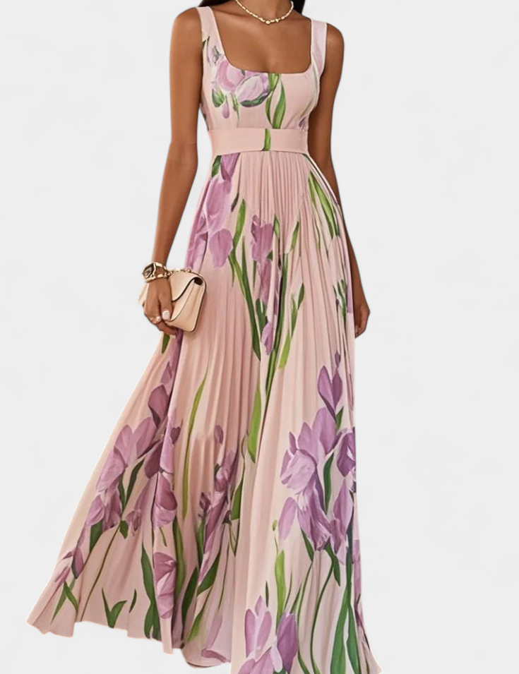 Calanthe Vestido Largo Floral Plisado con Escote Cuadrado