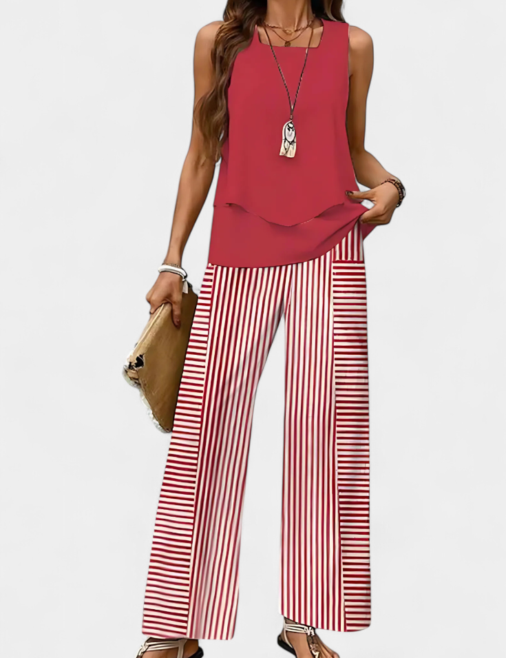 Martina Conjunto Boho Elegante Sin Mangas con Pantalón Recto Estampado