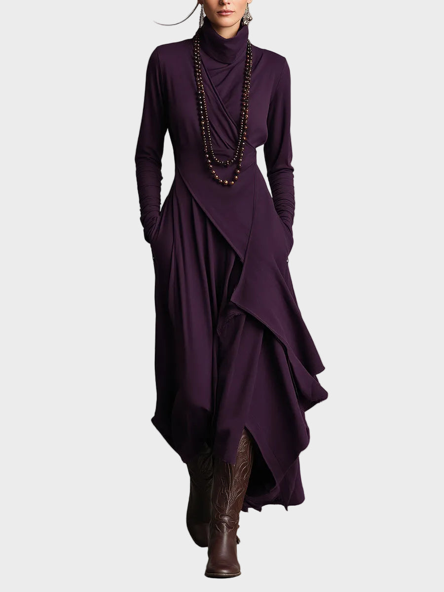 Vestido maxi asimétrico de punto con cuello alto Teresa, vista frontal