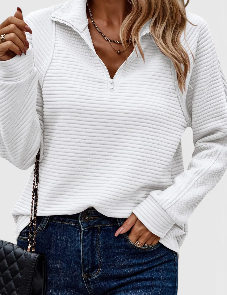 Helene Jersey de Cuello en V con Cremallera y Manga Larga