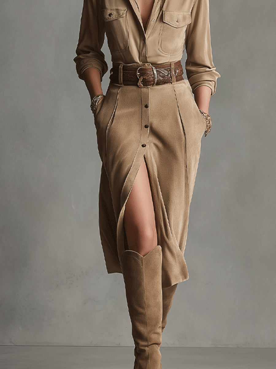 Vestido midi de ante marrón Eloísa, detalle del tejido