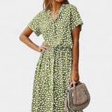 Rovena Vestido Midi de Lunares con Cuello Camisero y Cintura Ajustable