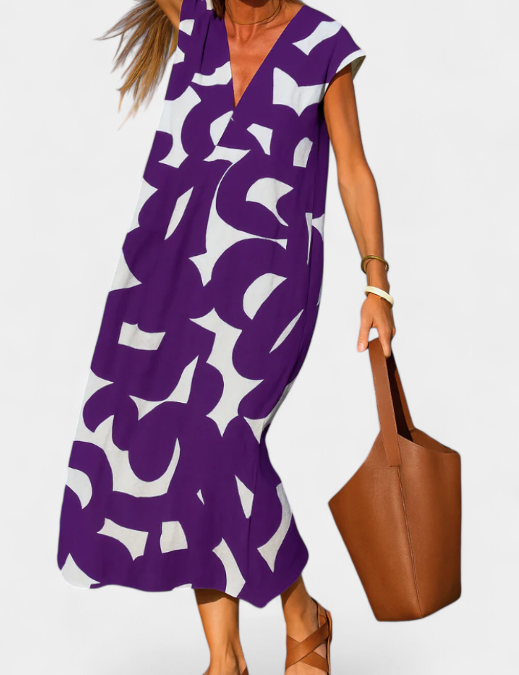 Asela Vestido Casual con Escote en V y Estampado Mixi