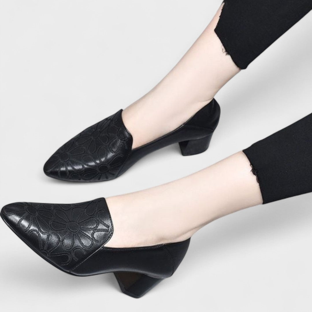 Ângela - Zapatos de tacón de piel vegana suave bordados