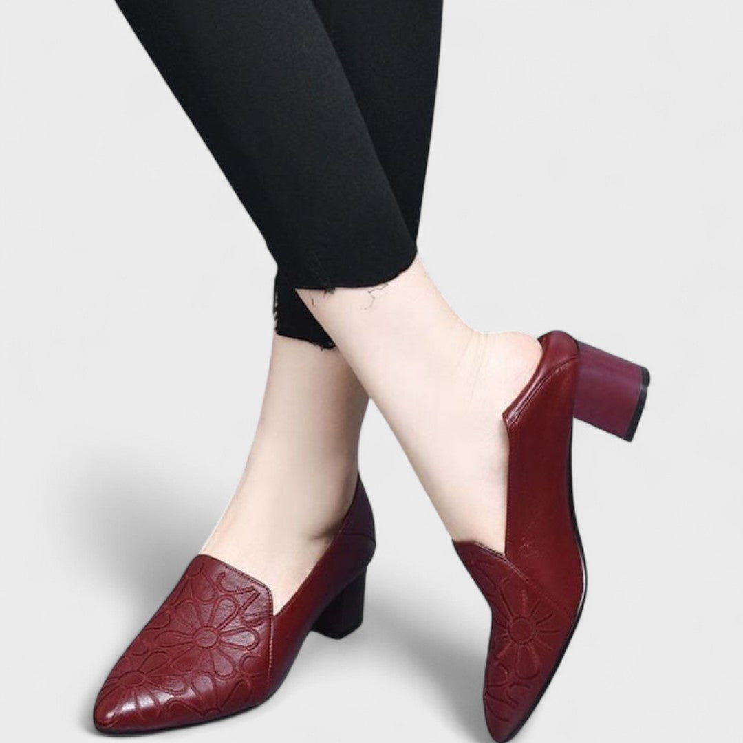 Ângela - Zapatos de tacón de piel vegana suave bordados