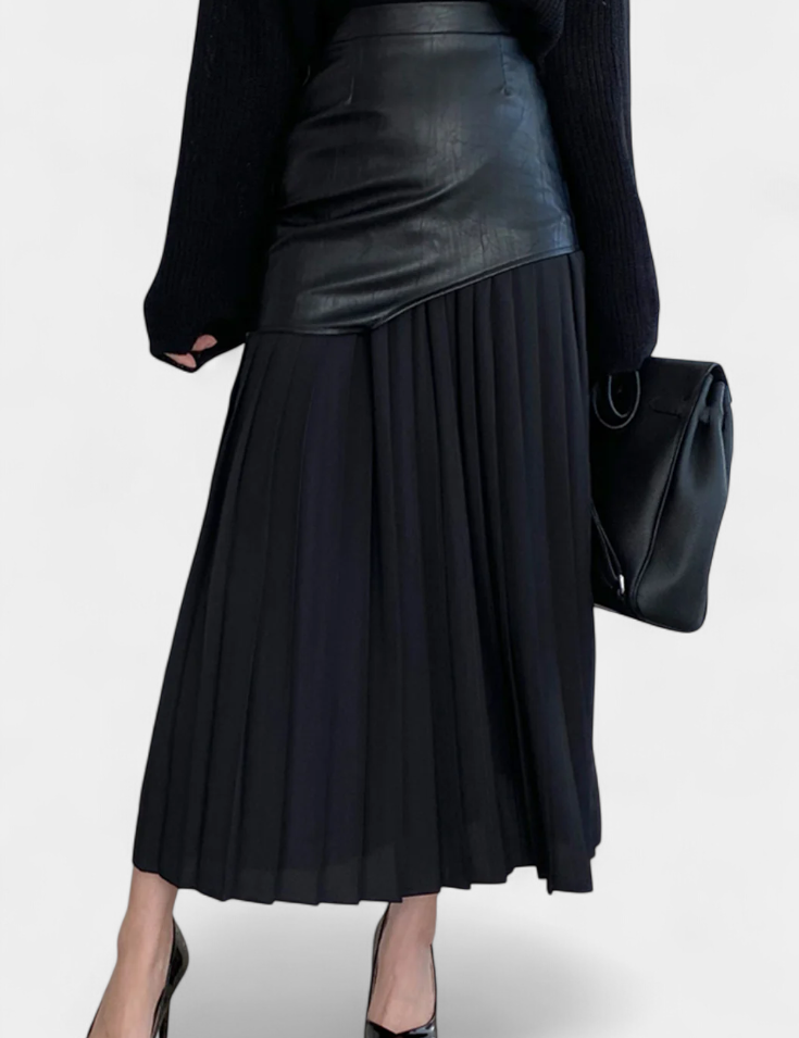 Noelle Falda Maxi Asimétrica de Chifón y Cuero Sintético