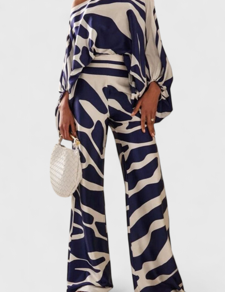 Sybella Conjunto Estampado de Dos Piezas con Pantalones de Pierna Ancha