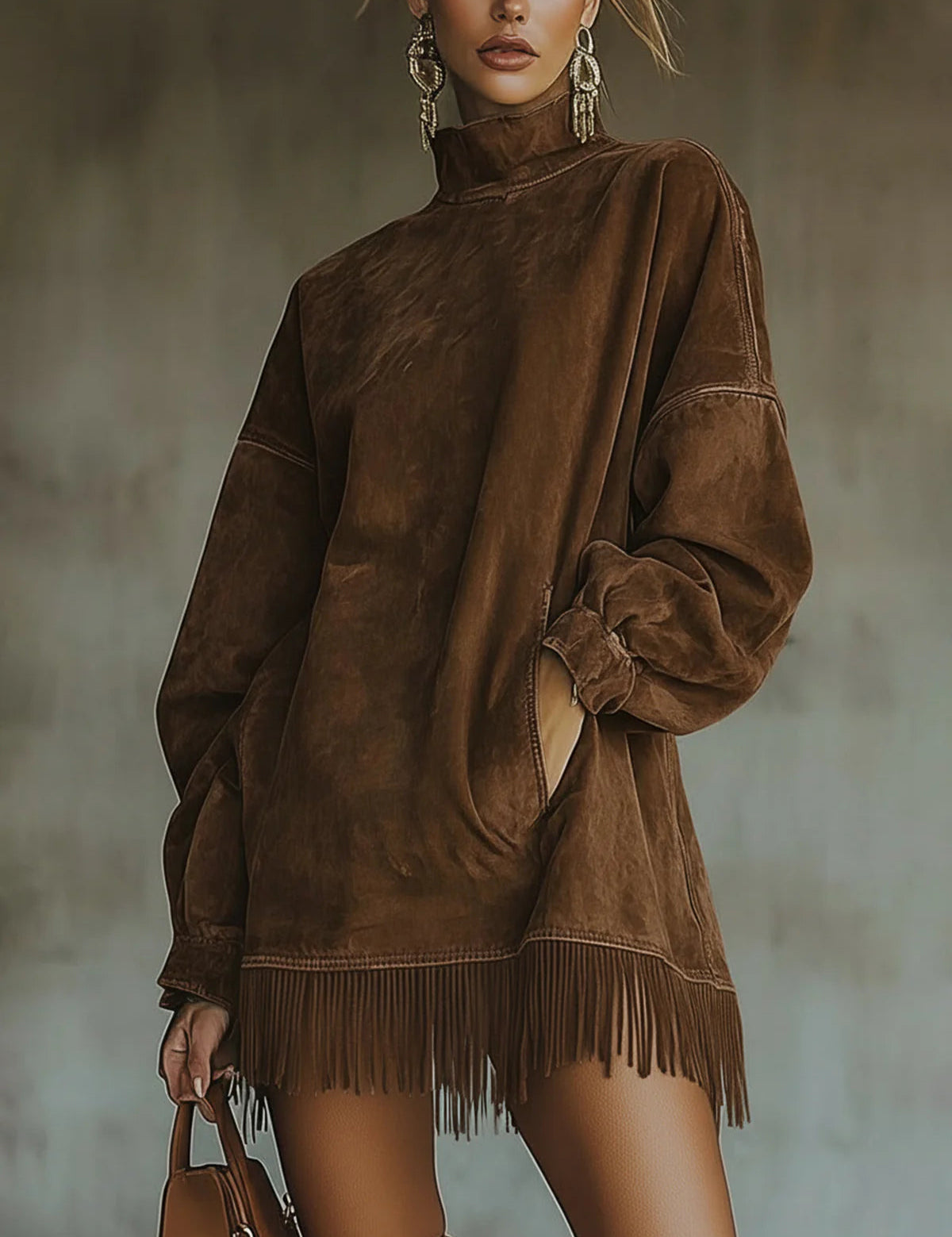 Gabriela | Vestido de ante con cuello alto y flecos