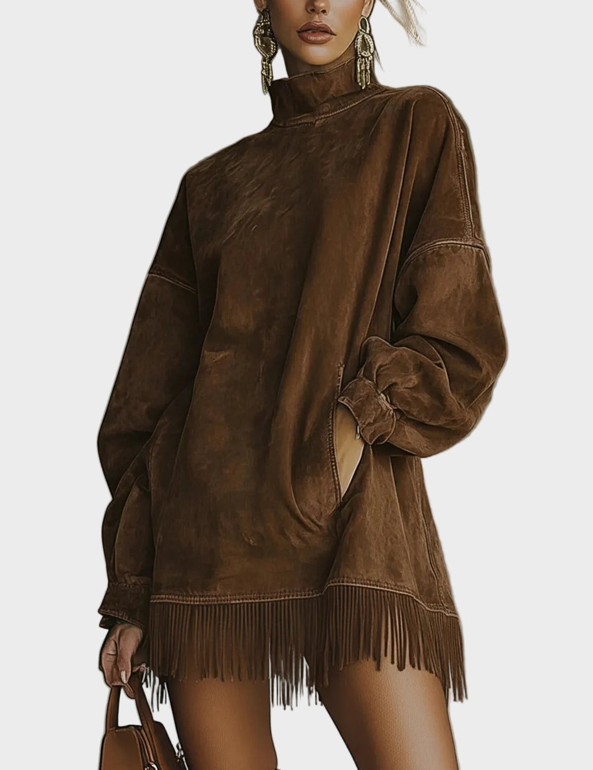 Vestido de ante sintético con cuello alto y flecos Corina, vista posterior
