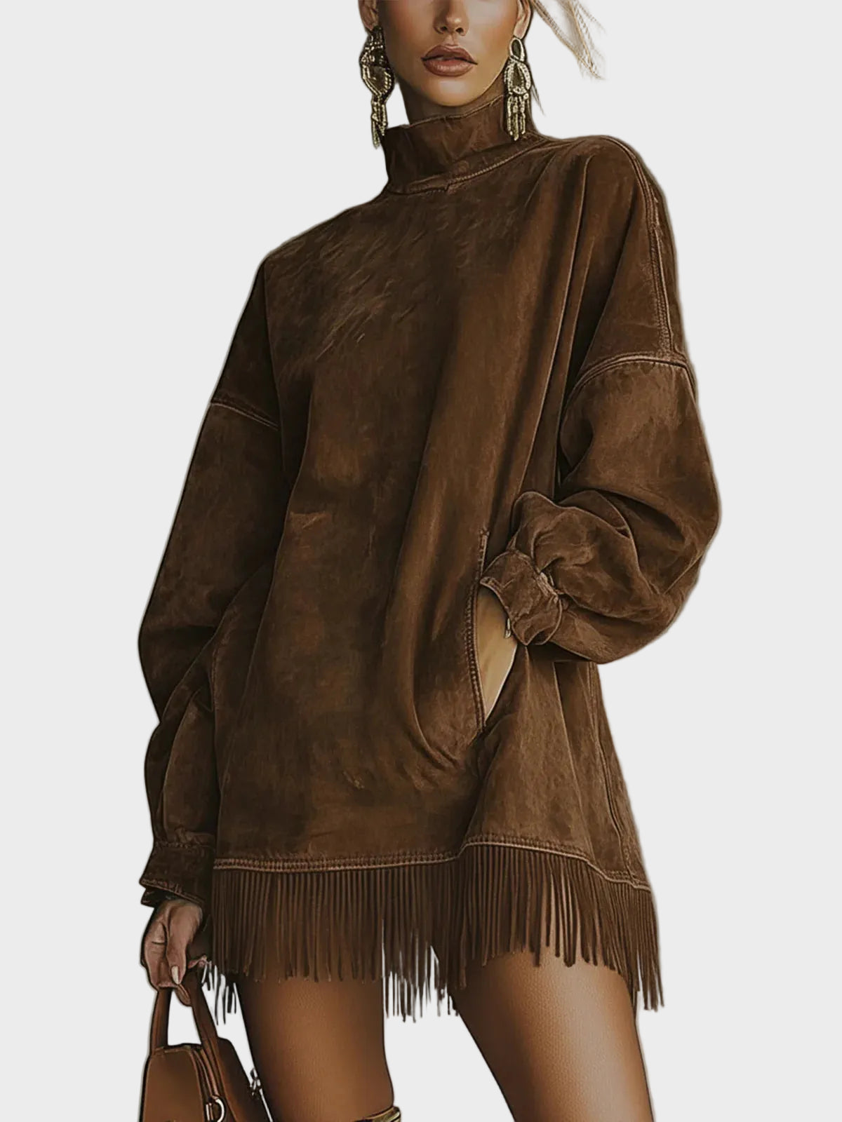Vestido de ante sintético con cuello alto y flecos Corina, vista posterior