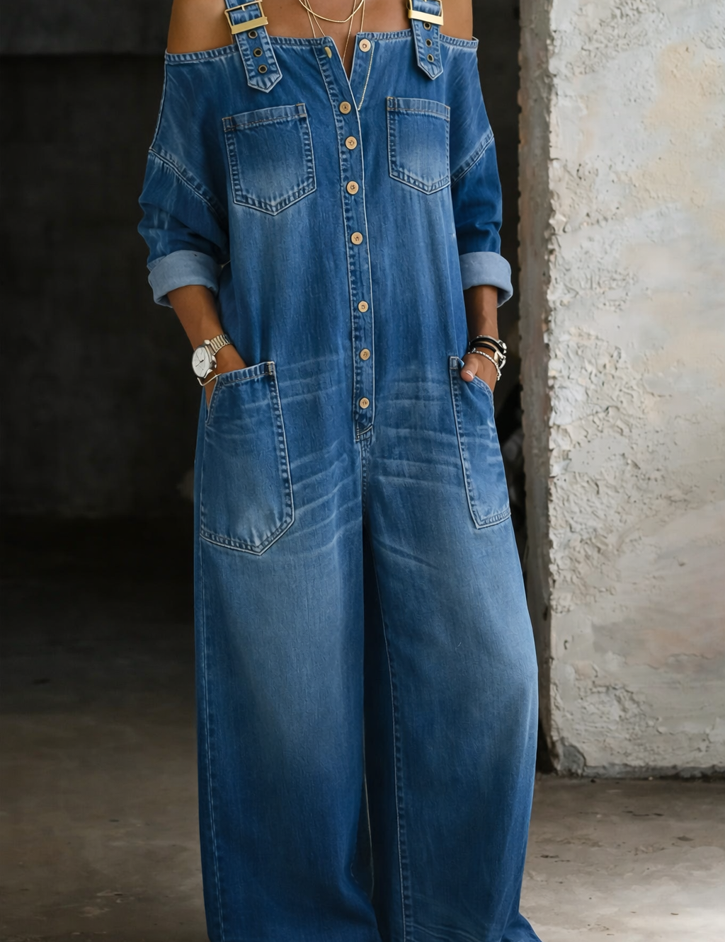 Pantalón vaquero con hombros descubiertos Maura, vista frontal