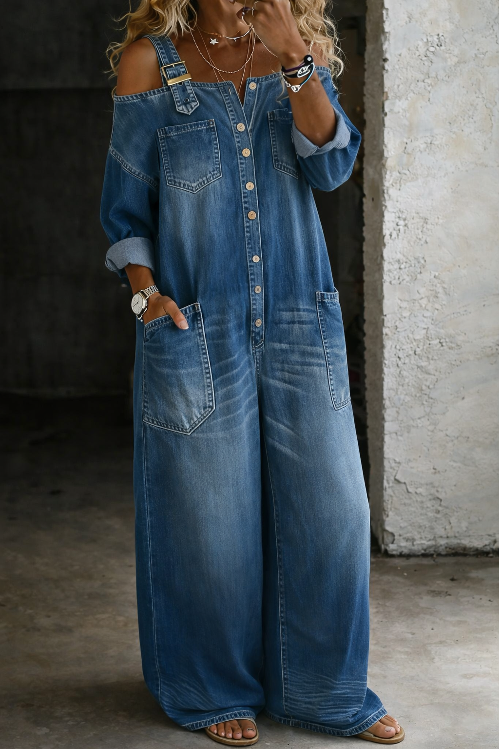Pantalón vaquero con hombros descubiertos Maura, conjunto completo