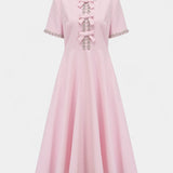 Linda Vestido Midi Acampanado con Lazo de Cristal