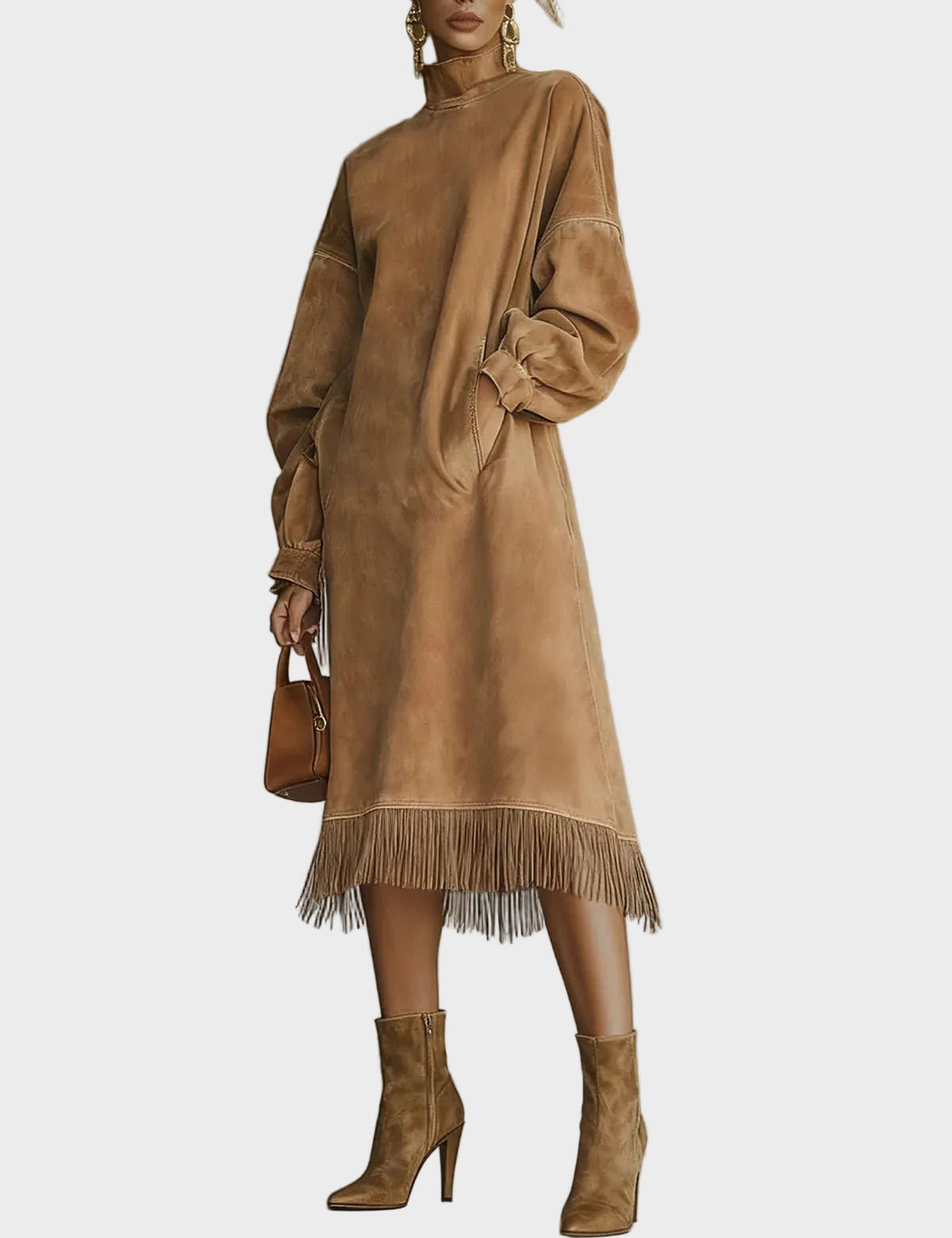 Vestido de ante con cuello alto y flecos Constanza, vista posterior