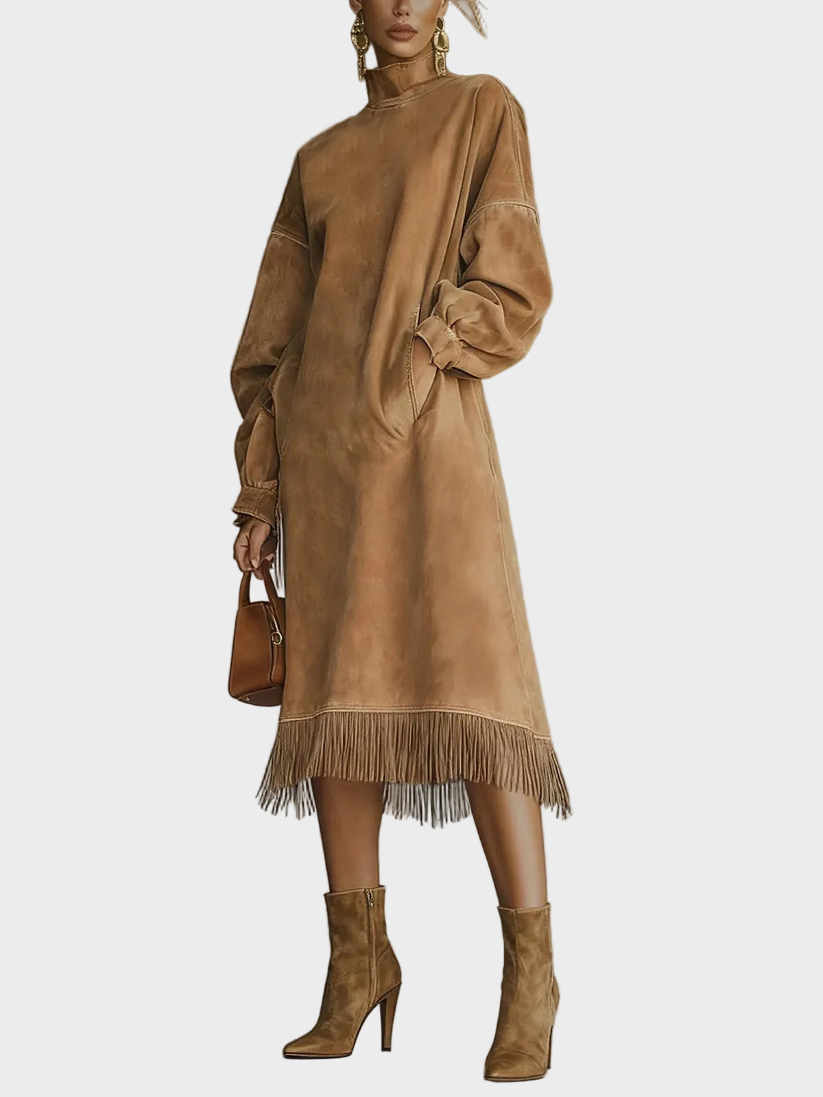 Vestido de ante con cuello alto y flecos Constanza, vista posterior