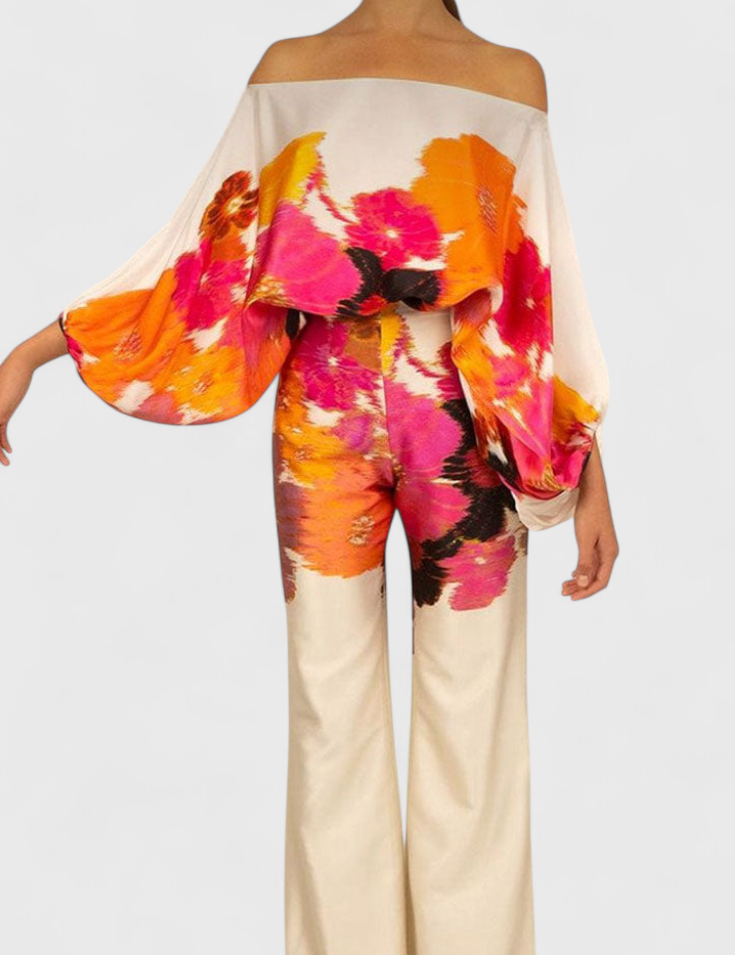 Sybella Conjunto Estampado de Dos Piezas con Pantalones de Pierna Ancha