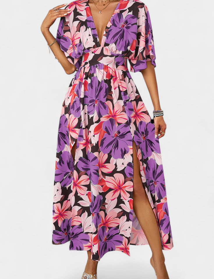 Julie Vestido Largo con Estampado Floral y Escote Cruzado