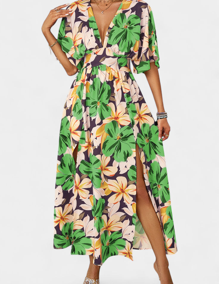 Julie Vestido Largo con Estampado Floral y Escote Cruzado