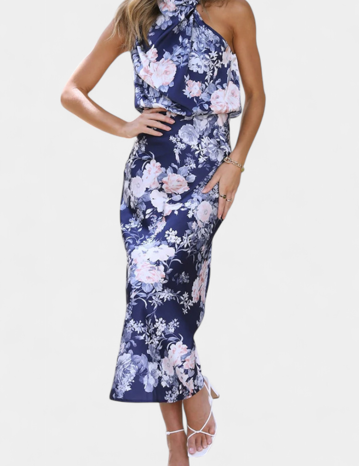 Lisa Vestido Maxi Floral con Cuello Halter y Cintura Elástica