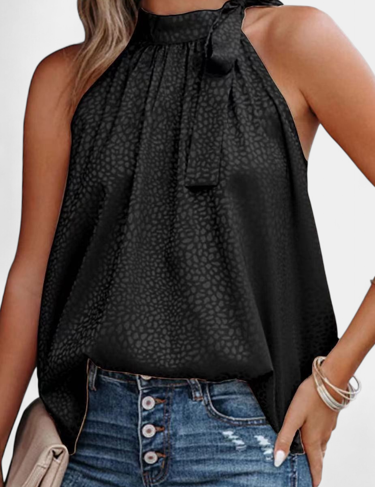 Adela Top sin Mangas de Leopardo con Cuello Alto y Lazo