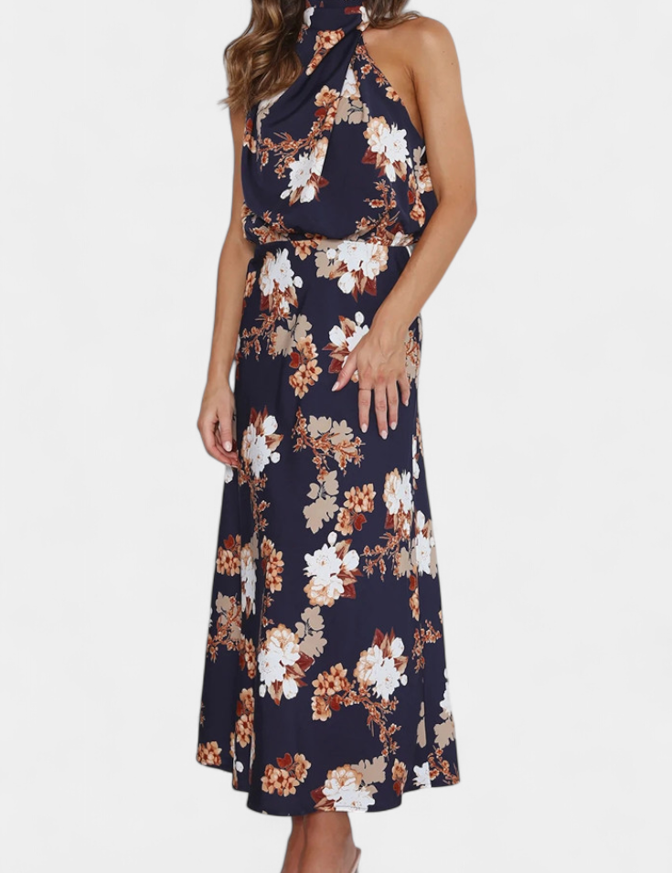 Lisa Vestido Maxi Floral con Cuello Halter y Cintura Elástica
