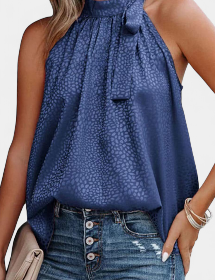 Adela Top sin Mangas de Leopardo con Cuello Alto y Lazo