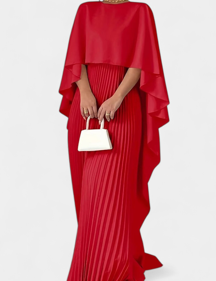 Jane Vestido Maxi de Cuello Alto con Pliegues y Mangas de Volante