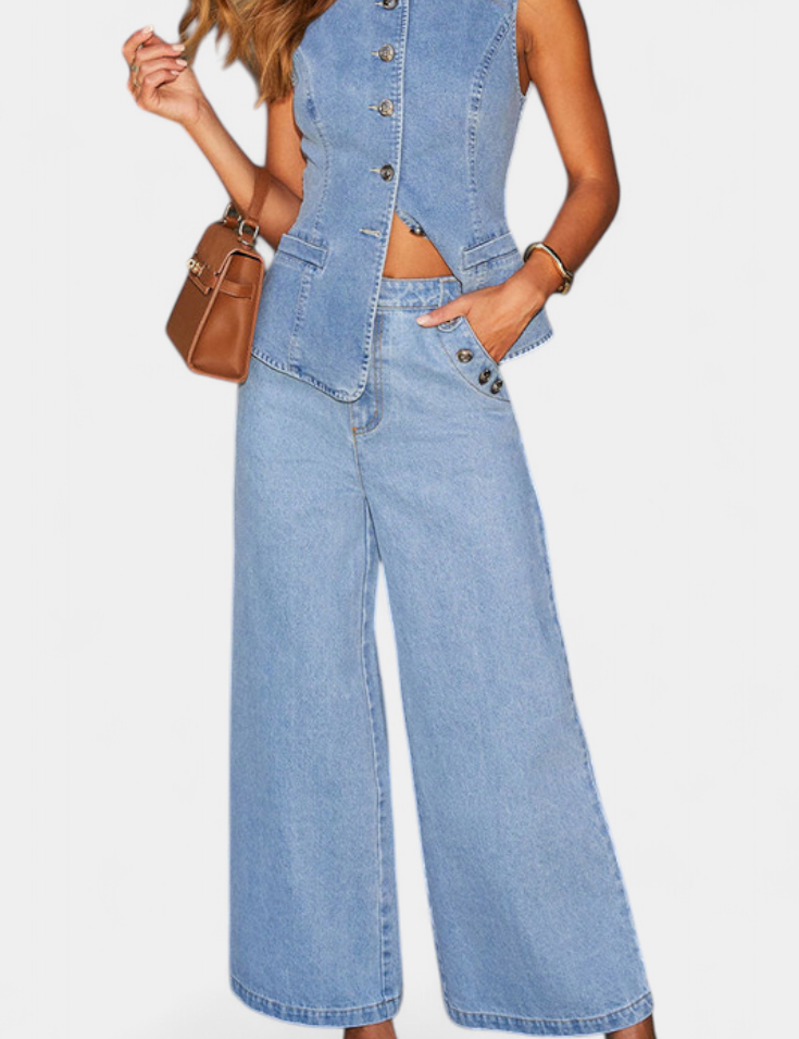 Ludovica Conjunto de Denim con Chaleco Ajustado y Jeans de Pierna Ancha
