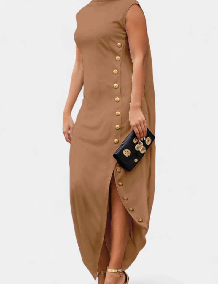 Aphrodite Vestido Asimétrico con Botones Dorados Decorativos