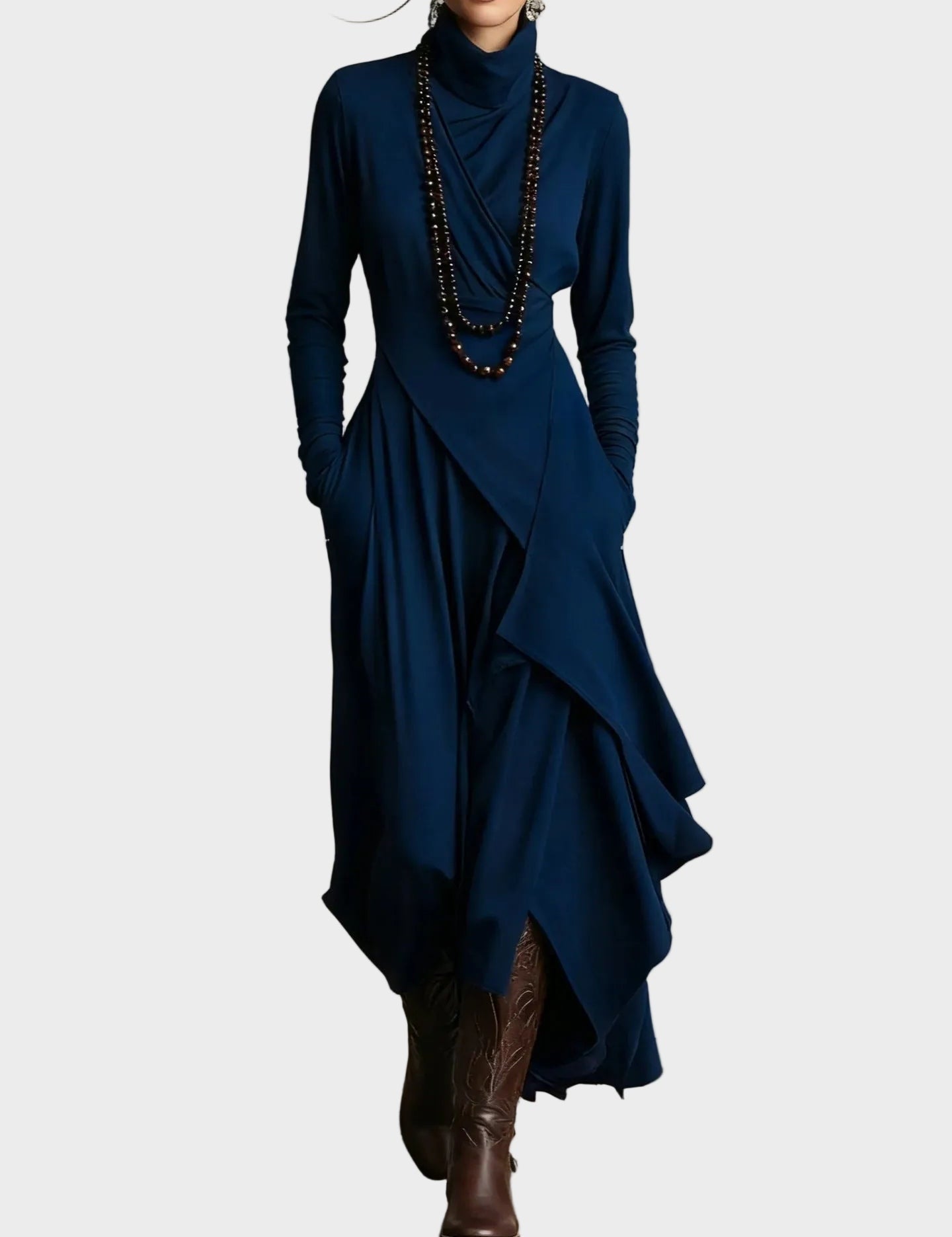 Vestido maxi asimétrico de punto con cuello alto Teresa, conjunto completo