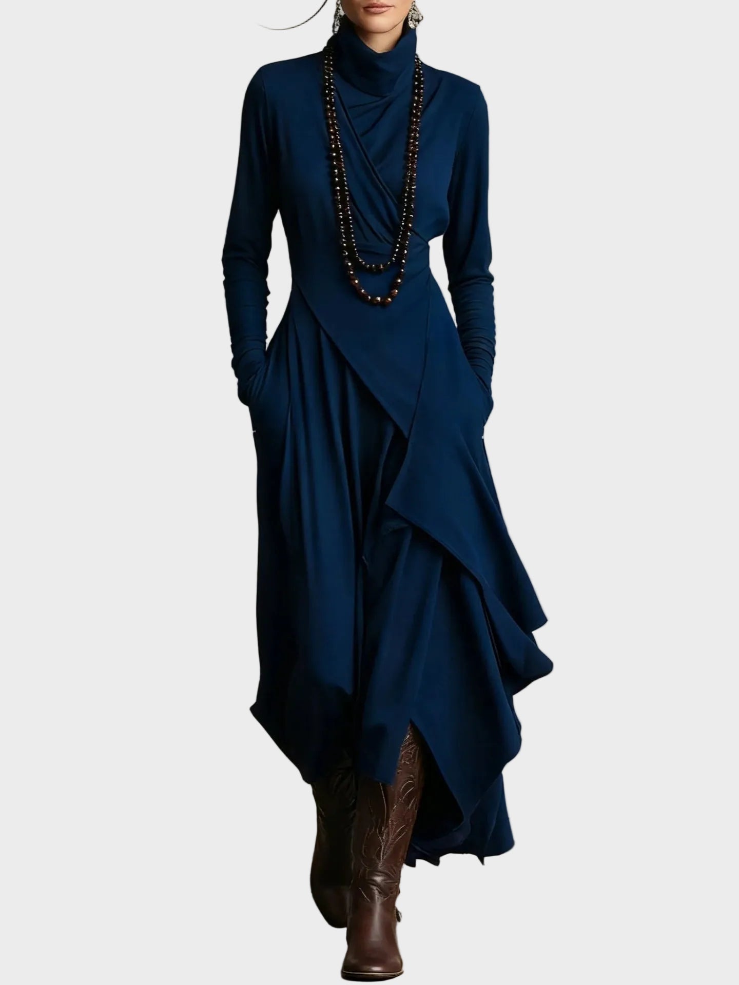 Vestido maxi asimétrico de punto con cuello alto Teresa, conjunto completo