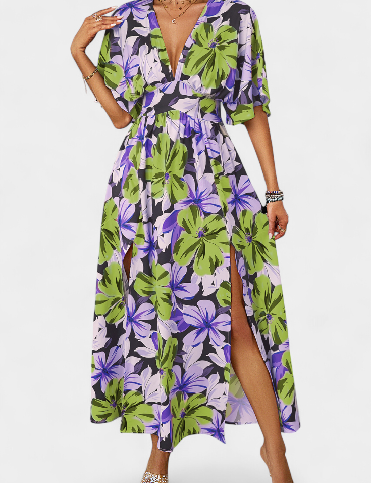 Julie Vestido Largo con Estampado Floral y Escote Cruzado