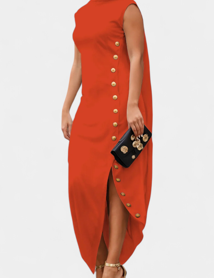 Aphrodite Vestido Asimétrico con Botones Dorados Decorativos