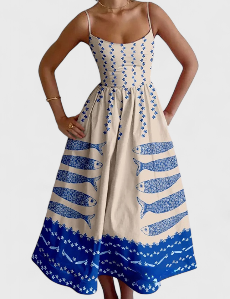 Maricela Vestido Vintage con Tirantes y Estampado de Sardinas