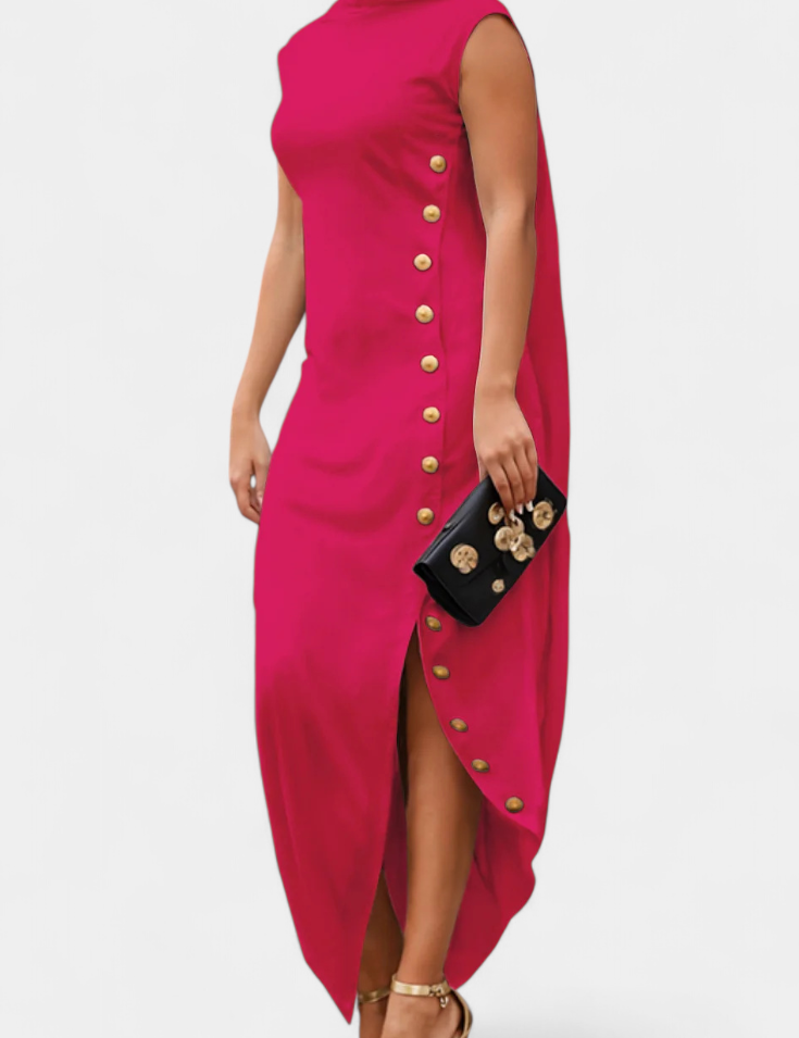 Aphrodite Vestido Asimétrico con Botones Dorados Decorativos