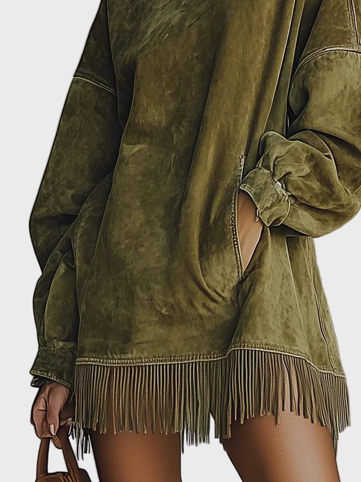 Vestido de ante sintético con cuello alto y flecos Corina, detalle 1