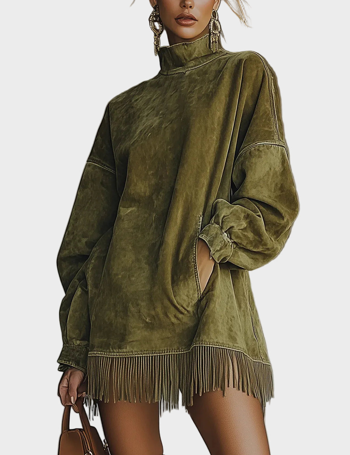 Vestido de ante sintético con cuello alto y flecos Corina, vista frontal
